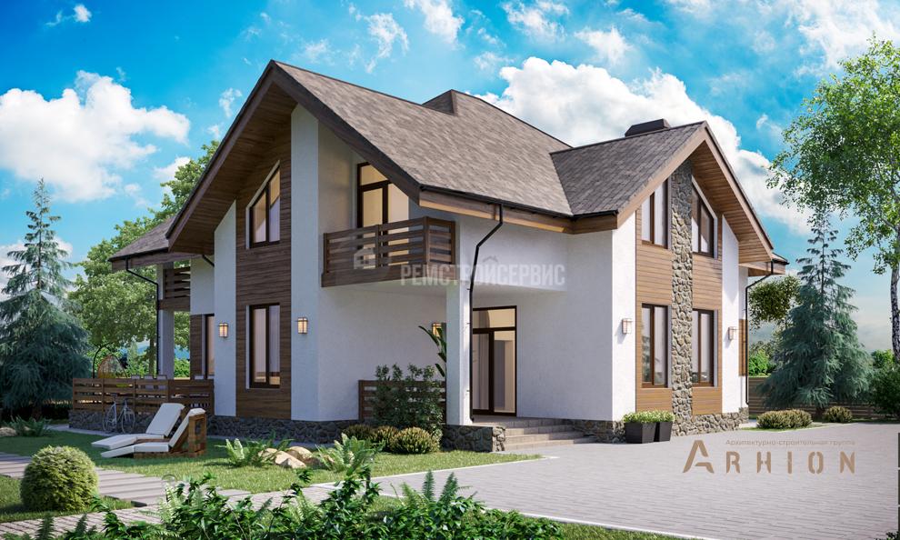 3. Проект одноэтажного дома в стиле шале с многоскатной кровлей, t-76-01, площадью - 242 кв c мансардой, терассой, балконом